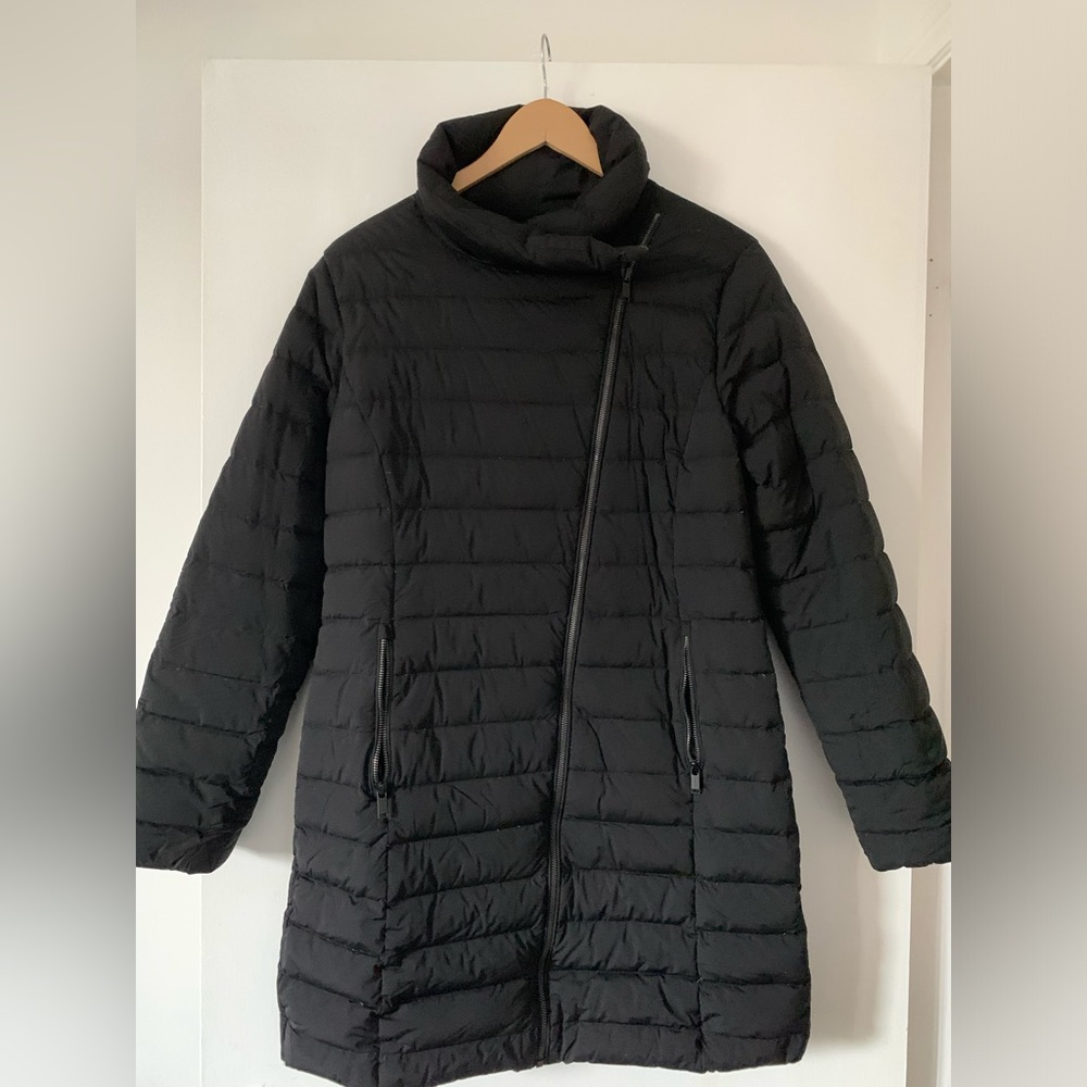 Black light coat with asymmetrical front zipper